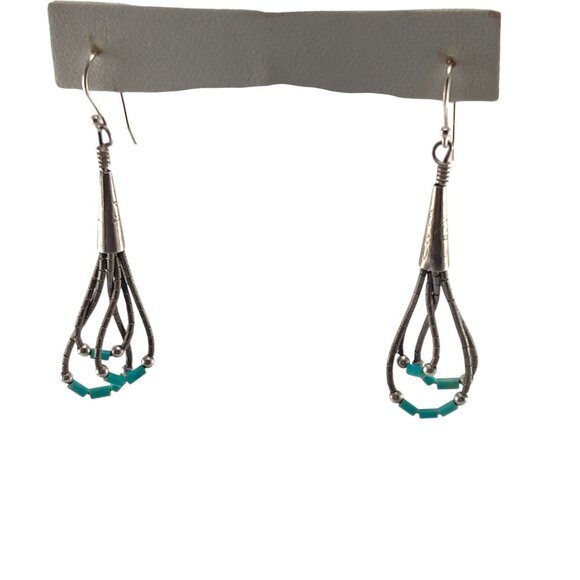 Boho 1970s Silver & Turquoise Beaded Dangle Earrings 2" Bohemian Chic Jewelry - Picture 8 of 8